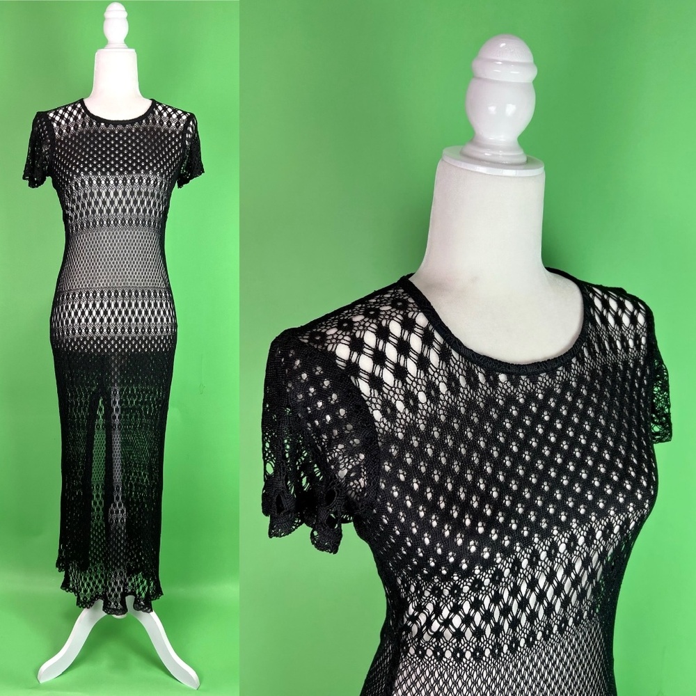 Vintage Y2K Black Sheer Open Knit Crochet Whimsigoth Dress - Size Medium